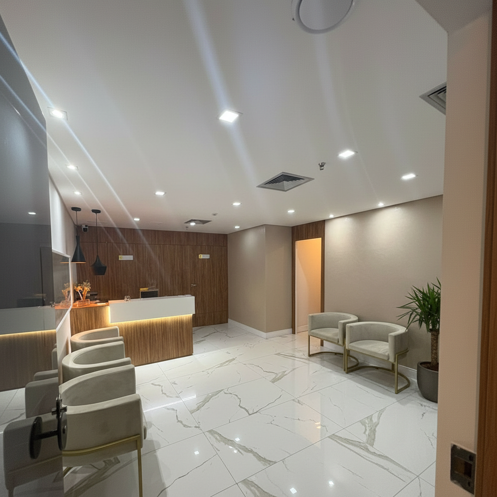 Recepção elegante do Instituto Vissuto com piso de mármore, poltronas em couro caramelo e ambiente acolhedor